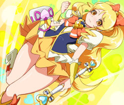 Rule 34 | 10s, 1girl, blonde hair, boots, bow, bowtie, brooch, cure honey, dutch angle, fuji hyorone, full body, hair bow, happinesscharge precure!, heart, heart brooch, jewelry, knee boots, long hair, magical girl, oomori yuuko, precure, puffy sleeves, ribbon, skirt, smile, solo, wand, wide ponytail, wrist cuffs, yellow background, yellow eyes, yellow skirt