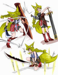 Rule 34 | 1girl, :d, absurdres, animal ears, armor, arrow (projectile), blonde hair, boots, braid, doitsuken, fang, faulds, fox ears, fox tail, hair between eyes, hair over one eye, hands on hilt, highres, holding, holding shield, holding weapon, knee boots, long hair, multiple views, one eye covered, on one knee, open mouth, original, parted lips, red eyes, revision, scabbard, scimitar, sheath, shield, single braid, smile, sword, tail, two-handed, weapon