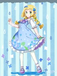 Rule 34 | 1girl, alternate costume, aqua nails, artist name, blonde hair, blue background, blue dress, blue flower, blush, braid, closed mouth, cloud, creatures (company), dress, female focus, fingernails, flat chest, flower, frilled dress, frills, full body, game freak, green eyes, hair flower, hair ornament, hair tie, hand up, happy, light blush, lillie (pokemon), long hair, looking at viewer, miu (miuuu 721), multi-tied hair, nail polish, nintendo, outline, pantyhose, pokemon, pokemon sm, puddle, purple footwear, rain, see-through, shoes, short sleeves, signature, smile, solo, standing, striped, striped background, twin braids, twintails, white flower, white outline, white pantyhose