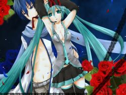 1boy 1girl akatsuki_yakyou aqua_eyes aqua_hair armpits arms_up bdsm blue_eyes blue_hair blue_scarf bondage bound bound_wrists breasts cleavage detached_sleeves flower hatsune_miku kaito_(vocaloid) long_hair necktie open_clothes open_shirt panties pantyshot petals red_rose rose scarf shirt skirt thighhighs twintails underwear vocaloid