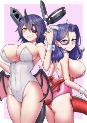 Rule 34 | 2girls, ass, black tail, breasts, cypress, dragon tail, eyepatch, hair intakes, highres, horns, kantai collection, large breasts, leotard, medium hair, multiple girls, nontraditional playboy bunny, pink leotard, purple eyes, red tail, short hair, single horn, tail, tatsuta (kancolle), tenryuu (kancolle), white leotard, wings, wrist cuffs, yellow eyes
