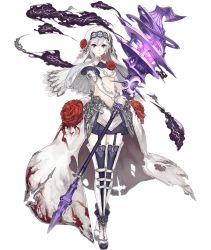 Rule 34 | 1girl, asymmetrical bangs, bare shoulders, blood, blood on clothes, boots, breasts, crystal, elbow gloves, expressionless, floral print, flower, full body, garter straps, gloves, grey eyes, habit, ji no, looking at viewer, medium breasts, midriff, official art, rose, sinoalice, skirt, smoke, snow white (sinoalice), staff, thigh boots, thighhighs, torn clothes, transparent background, waist cape, white hair