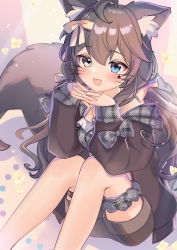 Rule 34 | 1girl, :d, animal ears, black jacket, blue eyes, brown hair, commission, dog ears, dog tail, grey eyes, heterochromia, highres, jacket, long hair, long sleeves, open clothes, open jacket, open mouth, own hands clasped, own hands together, shorts, skeb commission, smile, tail, vrchat, whiskers, yunosuke kon