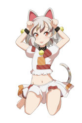 Rule 34 | 1girl, :3, :d, animal ears, bad feet, barefoot, bell, black collar, blush, bracelet, cat ears, cat tail, cato (monocatienus), collar, commentary request, crop top, flat chest, goutokuji mike, grey hair, groin, hands up, highres, jewelry, jingle bell, kneeling, looking at viewer, midriff, multicolored hair, navel, open mouth, orange eyes, paw pose, puffy short sleeves, puffy sleeves, shirt, short hair, short sleeves, simple background, skirt, skirt set, slit pupils, smile, solo, streaked hair, tail, thighs, touhou, white background, white shirt, white skirt
