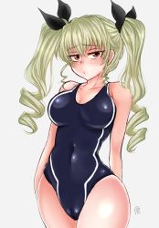 Rule 34 | 10s, 1girl, anchovy (girls und panzer), blush, breasts, cameltoe, cleft of venus, covered navel, curvy, female focus, girls und panzer, large breasts, long hair, looking at viewer, one-piece swimsuit, partially visible vulva, shiny skin, shounan no tamasu, solo, standing, swimsuit, twintails