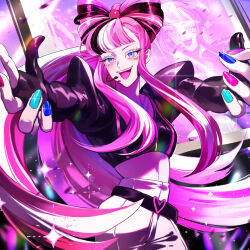 Rule 34 | 1girl, belt, black belt, black hair, blue eyes, concert, cookie run, eyeshadow, glowstick, happy, highres, humanization, jewelry, looking at viewer, makeup, multicolored hair, multicolored nails, nail polish, pants, personification, pink hair, shining glitter cookie, sico 05, smile, sparkle, stage, white pants