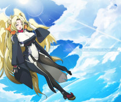Rule 34 | 1girl, angel wings, blonde hair, bodysuit, breasts, cloud, copyright name, day, geolim, kyoukaisenjou no horizon, large breasts, long hair, margot knight, pantyhose, sky, solo, wings