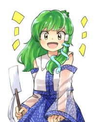Rule 34 | 1girl, :d, bad id, bad pixiv id, bare shoulders, blue skirt, blunt bangs, blush, detached sleeves, frog hair ornament, green eyes, green hair, hair ornament, highres, holding, kochiya sanae, long sleeves, open mouth, sasa kichi, simple background, skirt, smile, solo, touhou, upper body, vest, white background, white vest, wide sleeves