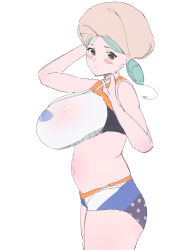 Rule 34 | 1girl, @udoon ningen, absurdres, belly, blush, blush stickers, breasts, chef hat, cosplay, cowboy shot, creatures (company), game freak, green eyes, green hair, gym trainer (pokemon), gym trainer (pokemon) (cosplay), hat, highres, huge breasts, katy (pokemon), looking at viewer, navel, nintendo, plump, pokemon, pokemon sv, pokemon swsh, ponytail, see-through, see-through shirt, shorts, sketch, solo, thick thighs, thighs, white background