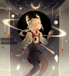 Rule 34 | 1boy, antlers, black pants, black vest, closed mouth, cloud, cloudy sky, collared shirt, commentary, commission, constellation, constellation print, crescent moon, deviantart username, diamond (gemstone), diamond (shape), disembodied hand, english commentary, freckles, gem, grey eyes, horns, hoshi-pan, layered sleeves, long hair, long sleeves, looking up, low ponytail, making-of available, moon, original, painttool sai (medium), pants, planet, planetary ring, puffy long sleeves, puffy sleeves, red gemstone, shirt, sky, smile, vest, white hair, white shirt