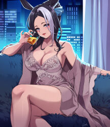 Rule 34 | 1girl, alcohol, alternate costume, armpits, bare shoulders, black hair, bloody0rabby, blush, breasts, cleavage, collarbone, commentary request, couch, crossed legs, cup, curtains, ear ornament, fur trim, hair bun, highres, holding, holding cup, jewelry, large breasts, lingerie, medium hair, mejiro ramonu (umamusume), multicolored hair, on couch, parted bangs, parted lips, pinky out, purple eyes, ring, sitting, skyline, solo, strap slip, streaked hair, umamusume, underwear, whiskey, white hair, window