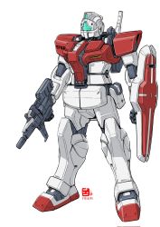 Rule 34 | beam rifle, dated, energy gun, gm (mobile suit), gun, gundam, highres, holding, holding gun, holding shield, holding weapon, looking ahead, mecha, mobile suit, mobile suit gundam, pravin rao santheran, redesign, robot, shield, solo, standing, visor, weapon, white background