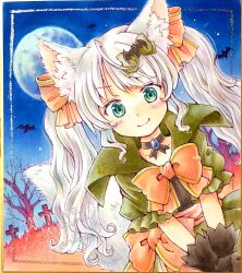 Rule 34 | 1girl, animal ears, artist name, bare tree, bat (animal), bat hair ornament, black choker, black gloves, bow, bowtie, brooch, choker, circle name, closed mouth, commentary, dated, dress, dutch angle, fox ears, frilled sleeves, frills, full moon, gloves, graveyard, green dress, green eyes, hair bow, hair ornament, halloween, highres, jewelry, long hair, looking at viewer, marker (medium), minami kawa, moon, night, night sky, orange bow, orange bowtie, orange sash, original, outdoors, short sleeves, signature, sky, smile, solo, traditional media, tree, twintails, v arms, white hair