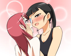 Rule 34 | 2girls, back, bad id, bad pixiv id, black hair, blush, eyepatch, grey eyes, hand on another&#039;s cheek, hand on another&#039;s face, long hair, minna-dietlinde wilcke, multiple girls, nude, open mouth, ponytail, red eyes, red hair, sakamoto mio, sayu (mio-mosa), smile, strike witches, swimsuit, world witches series, yuri