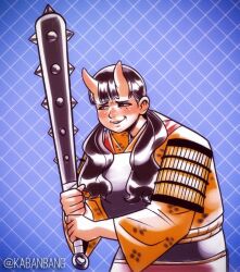 Rule 34 | 1girl, armor, bang dacy, black hair, chain-link fence, chest guard, chipped tooth, club, club (weapon), dungeon meshi, fence, george costanza, holding club, horns, inutade, ishygddt (meme), japanese armor, japanese clothes, kimono, meme, oni, seinfeld, skin-covered horns, solo, spiked club, twintails, waraji, weapon, yellow kimono