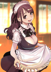 Rule 34 | 1girl, :d, apron, breasts, brown eyes, brown hair, cleavage, cleavage cutout, clothing cutout, dytm, frills, hair ribbon, highres, large breasts, long hair, looking at viewer, maid, maid headdress, open mouth, original, ribbon, smile, solo, standing, teeth