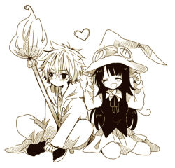 Rule 34 | 1boy, 1girl, :d, ^ ^, adjusting clothes, adjusting headwear, anzu (o6v6o), blush, borrowed clothes, broom, closed eyes, crossed legs, emma (magico), goggles, goggles on headwear, greyscale, hat, heart, jacket, long hair, long sleeves, magico, monochrome, neck ribbon, open mouth, pants, ribbon, shion eliphas levi, shirt, shoes, sitting, skirt, smile, v-shaped eyebrows, vest, witch hat