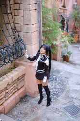 Rule 34 | 1girl, asian, black footwear, black hair, black thighhighs, breasts, cosplay, d.gray-man, high heels, kipi-san, lenalee lee, lenalee lee (cosplay), long hair, looking at viewer, outdoors, petite, photo (medium), plant, potted plant, road, shoes, small breasts, solo, street, tagme, thighhighs, twintails, zettai ryouiki