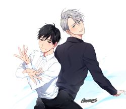 Rule 34 | 2boys, arched back, artist name, back-to-back, black hair, blue eyes, brown eyes, collared shirt, gearous, jewelry, katsuki yuuri, looking back, male focus, multiple boys, open mouth, ring, shirt, silver hair, smile, viktor nikiforov, yuri!!! on ice