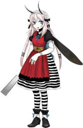 Rule 34 | 1girl, antennae, black wings, blue eyes, bow, breasts, colored skin, corset, dress, fang, female focus, fingerless gloves, gloves, holding, holding sword, holding weapon, insect wings, japanese saw, long hair, macuahuitl, maid, maid headdress, messier number, original, pantyhose, pink hair, saw, simple background, small breasts, solo, standing, striped clothes, striped dress, striped pantyhose, sword, twintails, vampire, very long hair, weapon, white background, white skin, wings