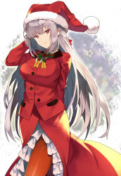 Rule 34 | 1girl, arm behind back, bow, braid, breasts, fate/grand order, fate (series), florence nightingale (fate), florence nightingale (santa) (fate), front slit, grey hair, hand in own hair, hat, highres, large breasts, long hair, looking at viewer, pantyhose, red eyes, sanae (satansanae), santa hat, smile, solo, standing