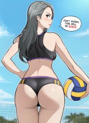Rule 34 | 1girl, alternate costume, ass, back, ball, bikini, black bikini, blue sky, breasts, brown eyes, cloud, commentary, day, english commentary, english text, female focus, from behind, grey hair, highres, holding, holding ball, lepypepy, lips, long hair, looking at viewer, looking back, medium breasts, midriff, niijima sae, outdoors, parted lips, persona, persona 5, sky, solo, speech bubble, sports bra, swimsuit, thigh gap, thighs, thong, volleyball net