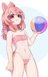 Rule 34 | 1girl, :3, ahoge, animal ears, ball, bare arms, bare shoulders, beachball, braid, breasts, brown eyes, commentary, english commentary, gris swimsuit, hair between eyes, hair ornament, hairclip, highres, long hair, looking at viewer, meme attire, navel, one-piece swimsuit, phase connect, pink hair, pipkin pippa, see-through, see-through one-piece swimsuit, small breasts, smile, swimsuit, virtual youtuber, yoako