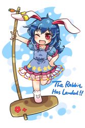 Rule 34 | 1girl, animal ears, blue background, blue dress, blue hair, bobby socks, rabbit ears, charm (object), chibi, dress, earclip, english text, full body, hand on own hip, kine, long hair, mallet, one eye closed, open mouth, pote (ptkan), red eyes, seiran (touhou), smile, socks, solo, standing, standing on one leg, touhou
