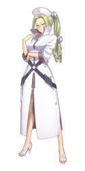 Rule 34 | 1girl, ar tonelico, ar tonelico iii, bandolier, blonde hair, bow, breasts, coat, female focus, full body, glasses, green eyes, gust, hair ornament, hat, high heels, highres, lab coat, long hair, nagi ryou, nurse, nurse cap, official art, open mouth, ponytail, sandals, shoes, solo, standing, syringe, transparent background, yurishica (ar tonelico)