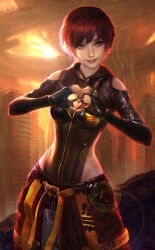 Rule 34 | 1girl, babydoll (artist), black pants, breasts, cleavage, commentary, day, english commentary, grey eyes, heart, heart hands, highres, hood, hood down, hoodie, lily (stellar blade), lips, looking at viewer, medium breasts, nose, pants, short hair, smile, solo, standing, stellar blade, zipper