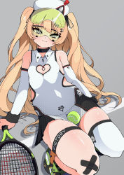 Rule 34 | 1girl, :3, absurdres, azur lane, bache (azur lane), bache (showy sports star) (azur lane), ball, bare shoulders, blonde hair, breasts, commentary, detached sleeves, dress, goggles, green-tinted eyewear, green-tinted glasses, hair ornament, highres, ibuibu gakogako, long hair, looking at viewer, racket, single thighhigh, sitting, small breasts, solo, sportswear, sunglasses, tennis ball, tennis racket, tennis uniform, thigh strap, thighhighs, tinted eyewear, twintails, visor cap