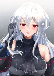 Rule 34 | 1girl, 3 (sanyako1), :d, absurdres, arknights, arm cuffs, ascot, bad id, bad pixiv id, bare shoulders, black ascot, black background, black shirt, blush, breasts, commentary request, elite ii (arknights), gradient background, hair between eyes, hand in own hair, hand up, highres, huge filesize, long hair, looking at viewer, medium breasts, no headwear, open mouth, red eyes, shirt, silver hair, skadi (arknights), skadi (elite ii) (arknights), sleeveless, sleeveless shirt, smile, solo, upper body, very long hair, white background
