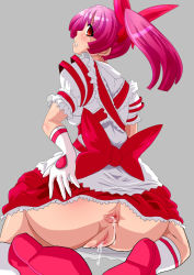Rule 34 | 1girl, anus, ass, cum, female focus, gloves, marimo (ankokumarimo), pink hair, pussy, red eyes, shoes, simple background, skirt, solo