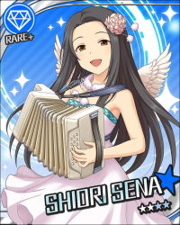 Rule 34 | 1girl, accordion, angel wings, artist request, bare shoulders, black hair, blue background, brown eyes, card (medium), character name, collarbone, gem (symbol), dress, flower, hair flower, hair ornament, idolmaster, idolmaster cinderella girls, instrument, long hair, looking at viewer, music, official art, open mouth, playing instrument, sena shiori (idolmaster), sleeveless, sleeveless dress, smile, solo, strapless, strapless dress, white dress, wings