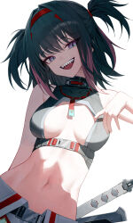 1girl absurdres bare_arms bare_shoulders black_choker black_hair black_shirt black_survival blue_eyes breasts breasts_apart choker cleavage_cutout clothing_cutout crop_top eternal_return:_black_survival hairband head_tilt highres hisui_(black_survival) huhi_(huhi_1211) jewelry long_hair looking_at_viewer medium_breasts midriff navel necklace open_mouth sharp_teeth shirt simple_background sleeveless sleeveless_shirt smile solo stomach teeth two_side_up upper_body white_background