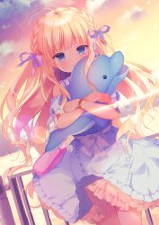 Rule 34 | 1girl, antenna hair, bag, blonde hair, blue dress, blue eyes, blush, bow, braid, cloud, commentary request, cowboy shot, detached sleeves, dress, dutch angle, hair ribbon, long hair, looking at viewer, hugging object, original, outdoors, parted lips, piyodera mucha, puffy short sleeves, puffy sleeves, purple ribbon, railing, ribbon, short sleeves, shoulder bag, sleeveless, sleeveless dress, solo, sparkle, stuffed animal, stuffed dolphin, stuffed toy, sunlight, sunset, very long hair, white bow