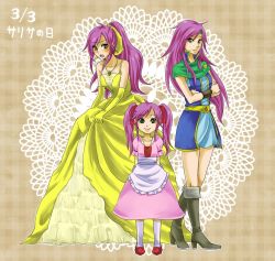 Rule 34 | 1990s (style), blush, boots, doily, dress, elbow gloves, embarrassed, faris scherwiz, final fantasy, final fantasy v, gloves, green eyes, hair ribbon, hairband, headband, high heels, jewelry, long hair, m0y0, multiple persona, necklace, open mouth, ponytail, purple hair, ribbon, sarisa highwind tycoon, shoes, smile, time paradox, tomboy, twintails, aged down
