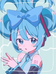 Rule 34 | 1girl, alternate hairstyle, bare shoulders, black sleeves, blue eyes, blue hair, blush, detached sleeves, hatsune miku, long hair, looking at viewer, microphone, necktie, open mouth, ribbon, shirt, simple background, sleeveless, sleeveless shirt, solo, tagme, umi (umui), upper body, vocaloid