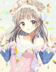 Rule 34 | 1girl, aiyan, atelier (series), atelier totori, blush stickers, brown eyes, brown hair, collarbone, dress, frills, hands up, headdress, highres, long hair, looking at viewer, open mouth, puffy sleeves, smile, solo, totooria helmold, upper body