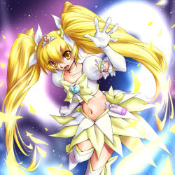 Rule 34 | 10s, 1girl, blonde hair, bow, brooch, cure sunshine, cure sunshine (super silhouette), hair ribbon, heart, heart brooch, heartcatch precure!, izumo (pixiv362913), jewelry, long hair, magical girl, midriff, myoudouin itsuki, navel, petals, precure, purple background, ribbon, skirt, solo, twintails, yellow bow, yellow eyes, yellow skirt