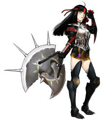 Rule 34 | 1girl, armor, axe, black hair, capcom, chain, chainmail, double bladed axe, full body, gloves, lao-shan lung (armor), long hair, monster hunter (series), sakamoto mineji, simple background, solo, thighhighs, warrior, weapon