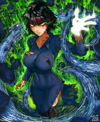 Rule 34 | 1girl, absurdres, angry, arm at side, black bra, black hair, black socks, blood, blood on clothes, blood on face, blue dress, bra, bra peek, breasts, closed mouth, collarbone, collared dress, commentary request, covered navel, cowboy shot, dated, dress, energy, fubuki (one-punch man), glowing, glowing eyes, green eyes, hand up, highres, impossible clothes, impossible dress, initial, kneehighs, large breasts, long sleeves, looking up, motion blur, one-punch man, psychic, revision, rubble, short hair, side slit, socks, solo, the golden smurf, torn clothes, torn dress, underwear, veins