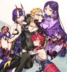 Rule 34 | 2boys, 2girls, alcohol, arm tattoo, bisexual male, blonde hair, blouse, blush, bodysuit, boy and girl sandwich, breasts, commentary request, cup, fate/grand order, fate (series), fingerless gloves, fuuma kotarou (fate), girl sandwich, gloves, hands on another&#039;s face, harem, highres, horns, huge breasts, jacket, japanese clothes, jewelry, kimono, large breasts, leather, leather jacket, long hair, long sleeves, looking at another, minamoto no raikou (fate), multiple boys, multiple girls, navel, nekoyashiki pushio, oni, open mouth, parted bangs, purple eyes, purple hair, red eyes, red hair, sakata kintoki (fate), sakata kintoki (rider) (fate), sakazuki, sake, sandwiched, seiza, shirt, short hair, shuten douji (fate), sitting, skin-covered horns, sleeveless, sleeveless shirt, small breasts, smile, sunglasses, sweatdrop, tattoo, very long hair, white background