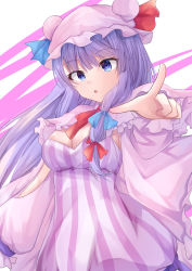 Rule 34 | 1girl, blue bow, blunt bangs, bow, breasts, cleavage, crescent, dress, foreshortening, hair bow, hat, highres, index finger raised, kisaragimikuru, large breasts, long hair, long sleeves, looking at viewer, medium breasts, mob cap, open mouth, patchouli knowledge, pointing, purple dress, purple hair, red bow, red ribbon, ribbon, solo, striped clothes, striped dress, touhou, vertical-striped clothes, vertical-striped dress, very long hair