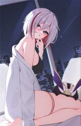 Rule 34 | 1girl, 1other, bare legs, bare shoulders, black bra, blue eyes, blush, bra, chromatic aberration, cityscape, commentary request, from side, glass, hair between eyes, hair intakes, hair ornament, hand on own face, highres, honkai: star rail, honkai (series), indoors, kneeling, looking at viewer, multicolored hair, nenight, night, night sky, numby (honkai: star rail), on bed, red hair, shirt, shirt partially removed, shooting star, short hair, skindentation, sky, smile, streaked hair, teeth, thigh strap, topaz (honkai: star rail), trotter (honkai: star rail), underwear, white hair, white shirt, window