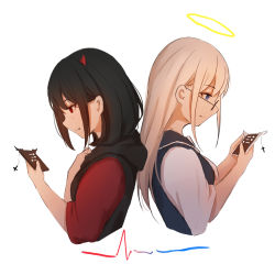 Rule 34 | 2girls, angel and devil, back-to-back, black hair, black jacket, blonde hair, blue eyes, blush, cellphone, closed mouth, cropped torso, cross, demon horns, fang, fang out, glasses, hair between eyes, halo, holding, holding phone, hood, hood down, hooded jacket, horns, inverted cross, jacket, latin cross, long hair, looking away, looking down, multiple girls, original, phone, profile, red eyes, red shirt, shimmer, shirt, short sleeves, simple background, sleeveless, sleeveless jacket, very long hair, white background, white shirt