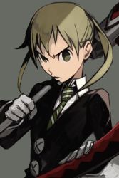 Rule 34 | 1girl, black jacket, blonde hair, formal, frown, gloves, green eyes, green necktie, holding, holding weapon, hungry clicker, jacket, long hair, long sleeves, maka albarn, necktie, over shoulder, scythe, shirt, solo, soul eater, soul evans, suit, twintails, upper body, v-shaped eyebrows, weapon, weapon over shoulder, white gloves, white shirt, wing collar