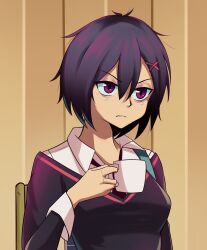 Rule 34 | 1girl, black hair, black necktie, black sweater, breasts, chair, close-up, commentary, cup, dress shirt, drinking, english commentary, frown, hair between eyes, hair ornament, highres, holding, holding cup, ikari shinji, indoors, light frown, long sleeves, looking ahead, marvel, medium breasts, meme, mug, necktie, neon genesis evangelion, on chair, parody, peni parker, purple eyes, scene reference, school uniform, scrapy, shinji holding a mug (meme), shirt, short hair, solo, spider-man: across the spider-verse, spider-man (series), spider-verse, spider-verse (comics), sweater, upper body, v-shaped eyebrows, white shirt, x hair ornament
