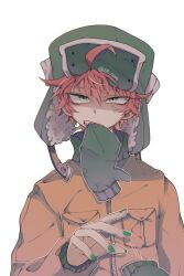 Rule 34 | 1boy, ahoge, anger vein, clenched teeth, commentary, fang, fur hat, green eyes, halloween (owo), hat, high collar, highres, jacket, kyle broflovski, looking at viewer, male focus, mittens, mouth hold, nail polish, orange hair, shaded face, solo, south park, teeth, underwear, unworn mittens, ushanka