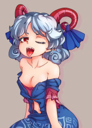 Rule 34 | 1girl, breasts, earrings, goat horns, grey background, horns, jewelry, looking at viewer, medium breasts, medium hair, mkq, naughty face, no bra, one eye closed, pointy ears, red eyes, ribbon, shadow, sharp teeth, silver hair, teeth, thick eyelashes, tongue, tongue out, touhou, toutetsu yuuma